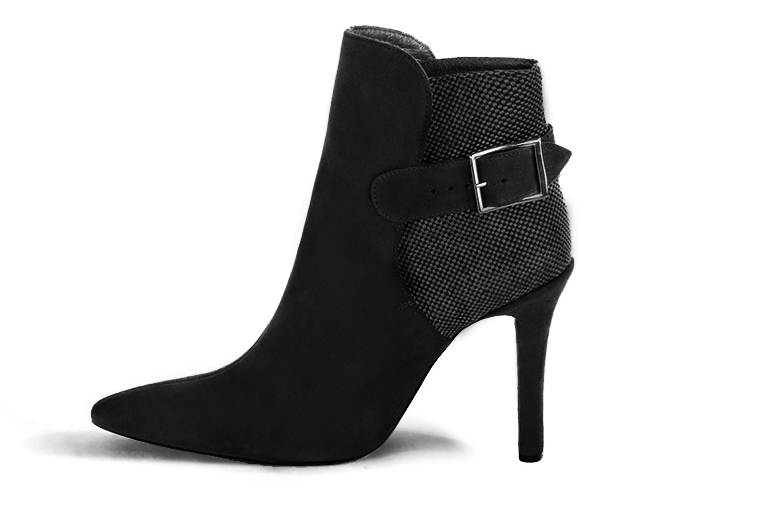 Matt black women's ankle boots with buckles at the back. Tapered toe. Very high slim heel. Profile view - Florence KOOIJMAN